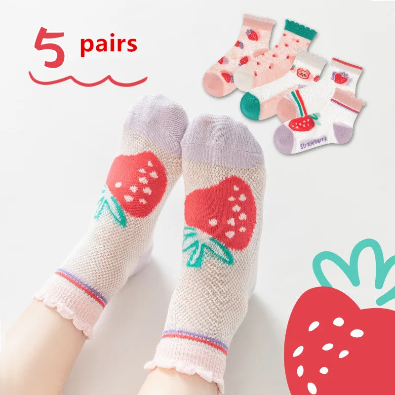 5 Пар детских носков 2023, Летние Новые сетчатые дышащие хлопчатобумажные носки для девочек с мультяшной клубникой Изображение 0