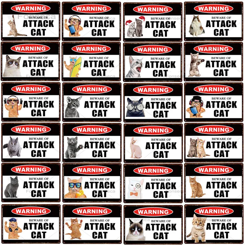 Предупреждающие знаки для домашних животных, металлические, Остерегайтесь нападения, Оловянный плакат с кошкой, Винтажная тарелка с животными для настенного искусства, украшение комнаты в стиле ретро, 30X20 см Изображение 0