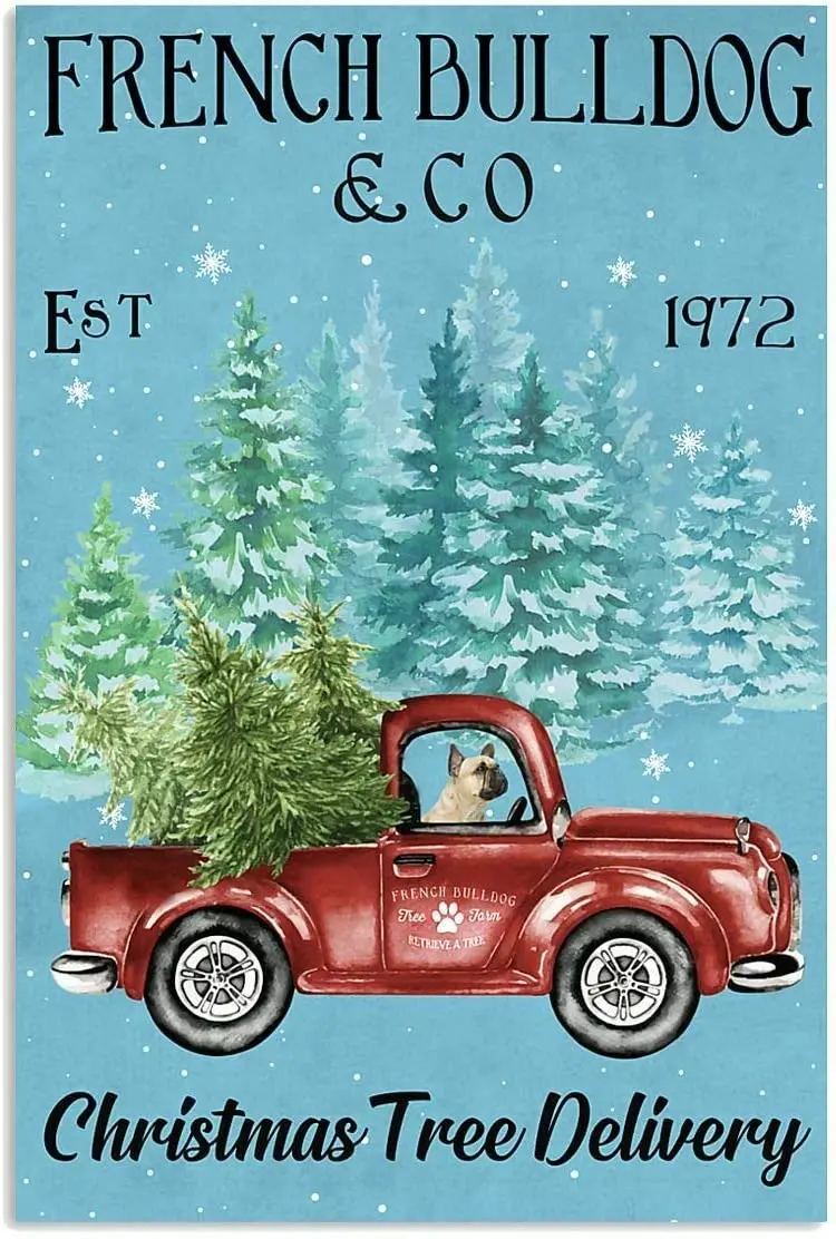 С Рождеством, французский бульдог, Доставка рождественской елки, красный грузовик, портретный плакат, металлическая вывеска 8x12 дюймов Изображение 0