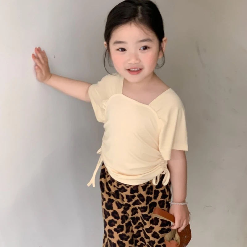 Корейская детская одежда 2023, Новый летний топ с короткими рукавами и завязками для девочек, футболка Изображение 0