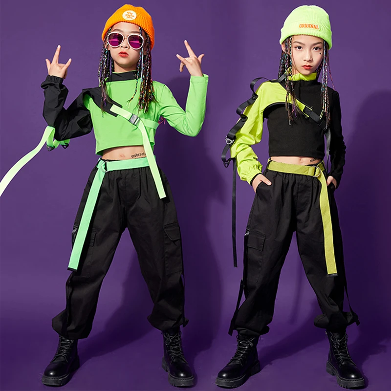 Современные джазовые танцевальные костюмы, одежда в стиле хип-хоп для девочек, укороченные топы с одним рукавом, Черные брюки-карго, повседневная детская уличная одежда для рейва Изображение 1