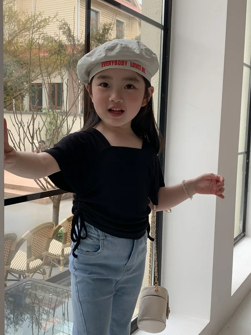 Корейская детская одежда 2023, Новый летний топ с короткими рукавами и завязками для девочек, футболка Изображение 1