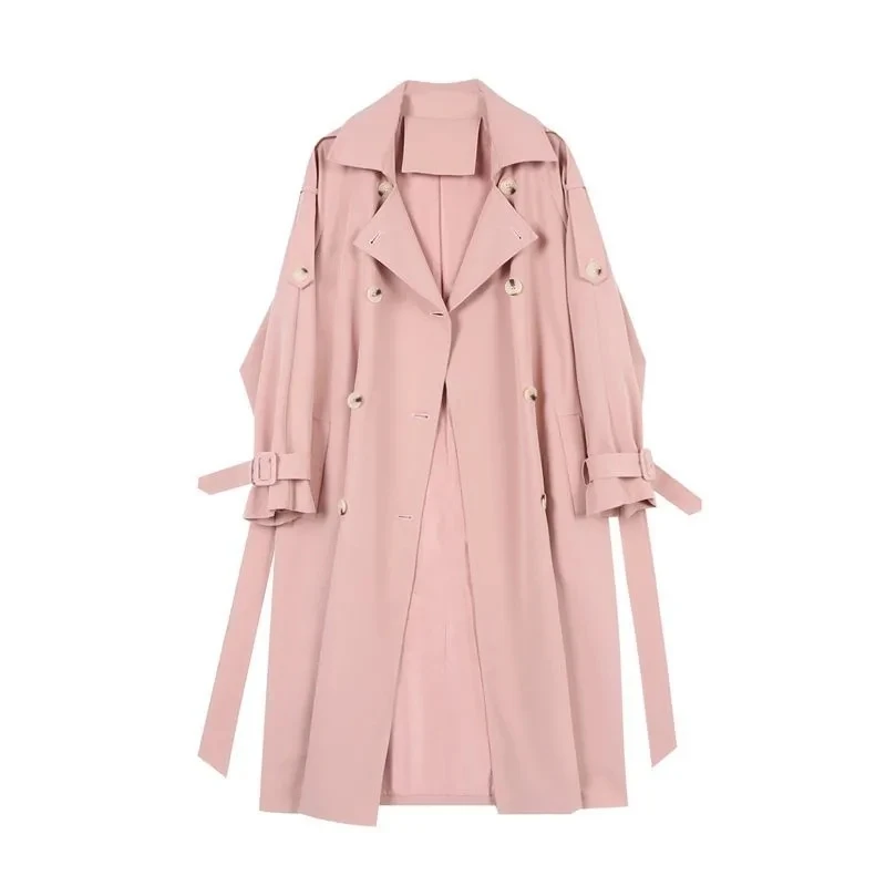 Женский розовый тренч, повседневные длинные куртки, свободное пальто, весна-осень, модная двубортная драпированная ветровка, женская одежда Изображение 1