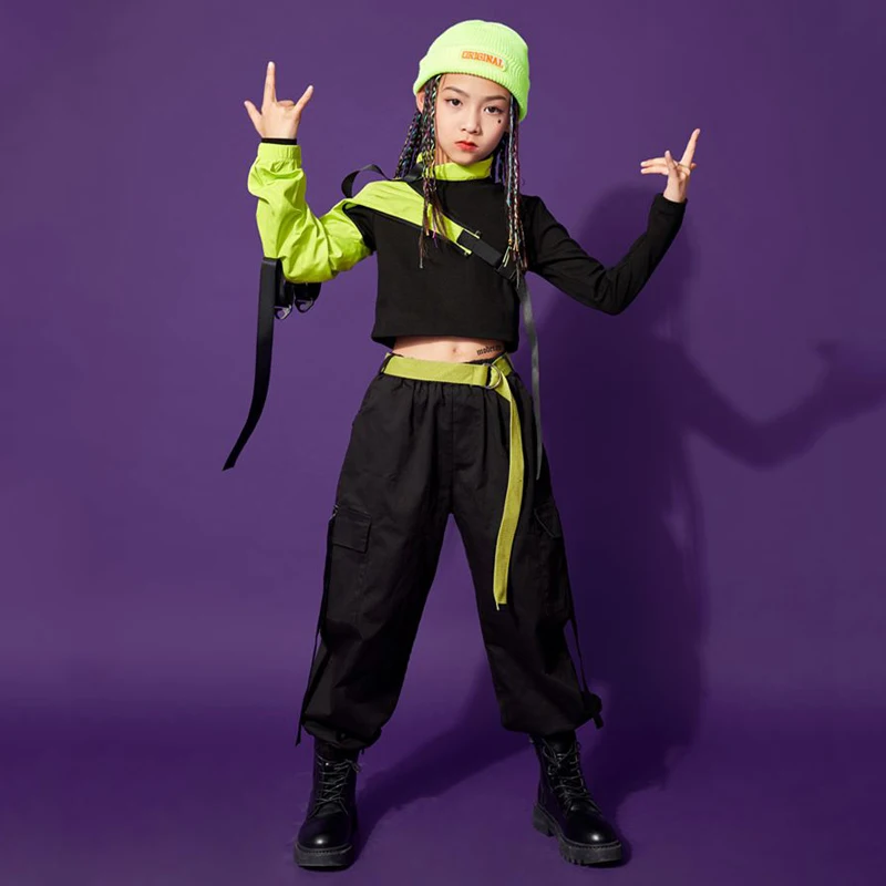 Современные джазовые танцевальные костюмы, одежда в стиле хип-хоп для девочек, укороченные топы с одним рукавом, Черные брюки-карго, повседневная детская уличная одежда для рейва Изображение 2