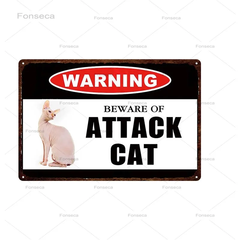Предупреждающие знаки для домашних животных, металлические, Остерегайтесь нападения, Оловянный плакат с кошкой, Винтажная тарелка с животными для настенного искусства, украшение комнаты в стиле ретро, 30X20 см Изображение 2