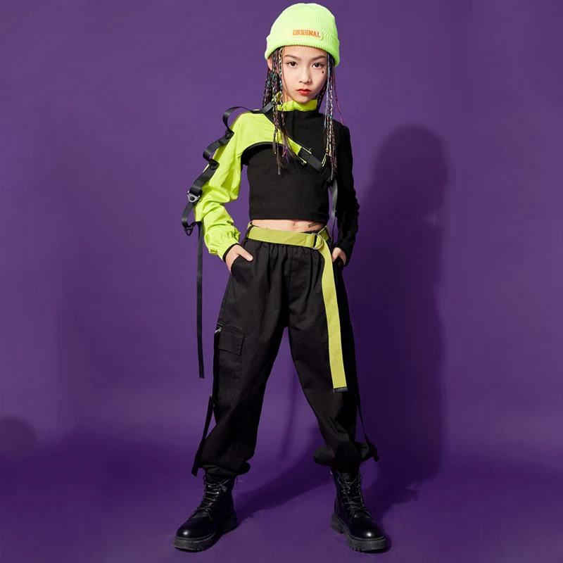 Современные джазовые танцевальные костюмы, одежда в стиле хип-хоп для девочек, укороченные топы с одним рукавом, Черные брюки-карго, повседневная детская уличная одежда для рейва Изображение 3