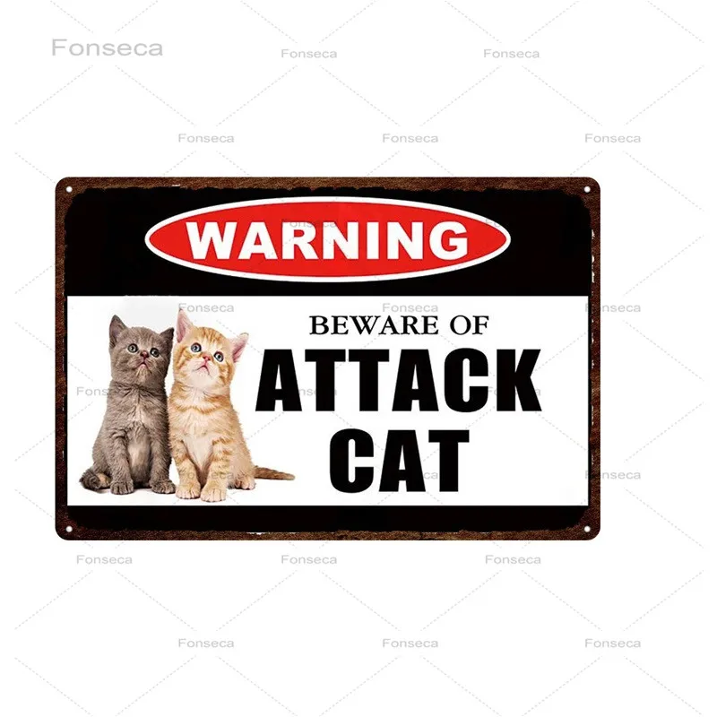 Предупреждающие знаки для домашних животных, металлические, Остерегайтесь нападения, Оловянный плакат с кошкой, Винтажная тарелка с животными для настенного искусства, украшение комнаты в стиле ретро, 30X20 см Изображение 3