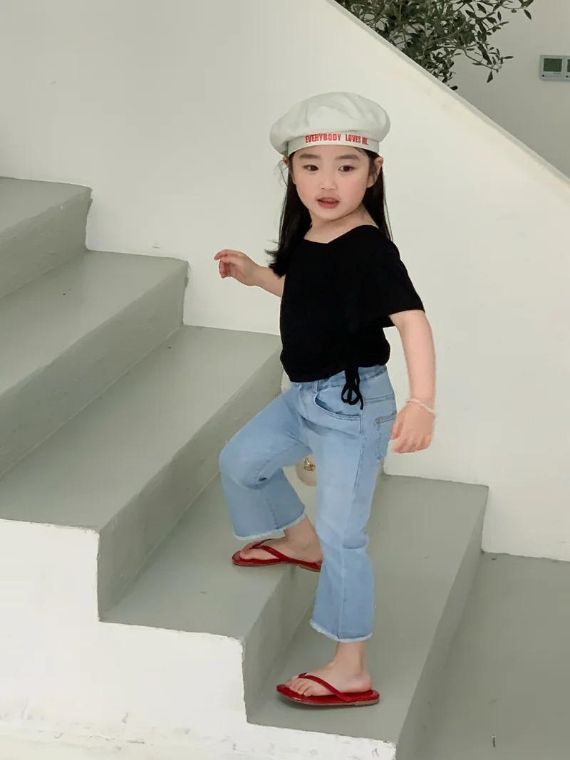 Корейская детская одежда 2023, Новый летний топ с короткими рукавами и завязками для девочек, футболка Изображение 3