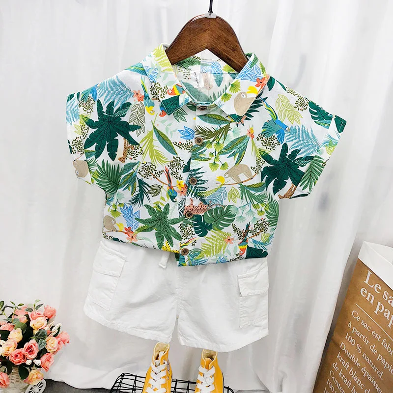 Комплект одежды с цветочным принтом для маленьких мальчиков, летняя рубашка с коротким рукавом, топ + брюки, 2 предмета, праздничная пляжная одежда для детей 2-7 лет, Gentelman Изображение 3