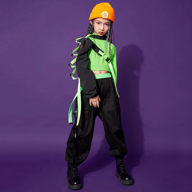 Современные джазовые танцевальные костюмы, одежда в стиле хип-хоп для девочек, укороченные топы с одним рукавом, Черные брюки-карго, повседневная детская уличная одежда для рейва Изображение 4