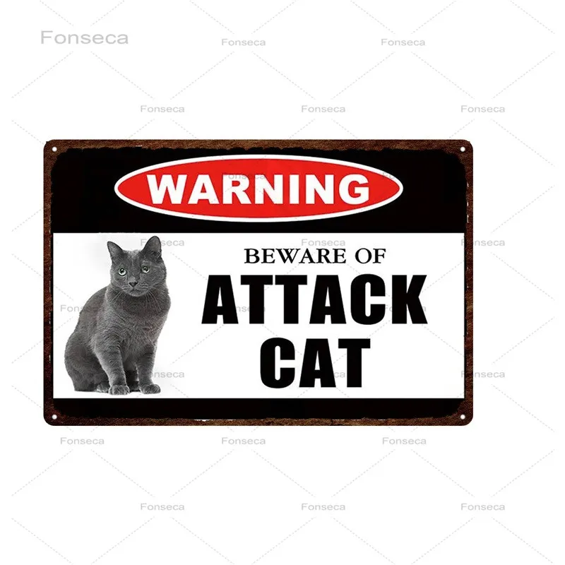 Предупреждающие знаки для домашних животных, металлические, Остерегайтесь нападения, Оловянный плакат с кошкой, Винтажная тарелка с животными для настенного искусства, украшение комнаты в стиле ретро, 30X20 см Изображение 4