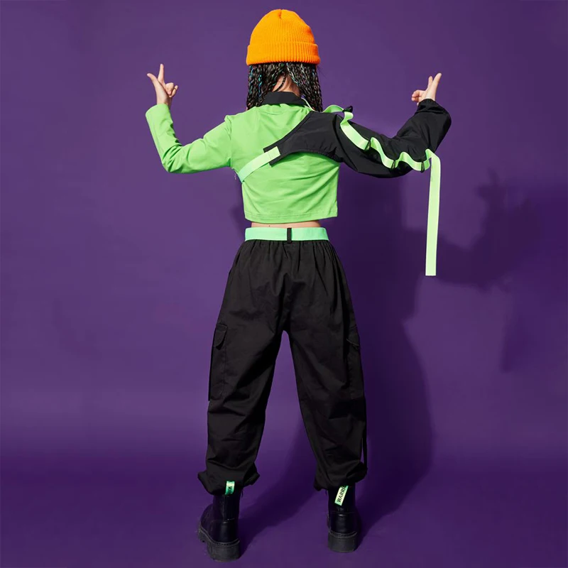 Современные джазовые танцевальные костюмы, одежда в стиле хип-хоп для девочек, укороченные топы с одним рукавом, Черные брюки-карго, повседневная детская уличная одежда для рейва Изображение 5