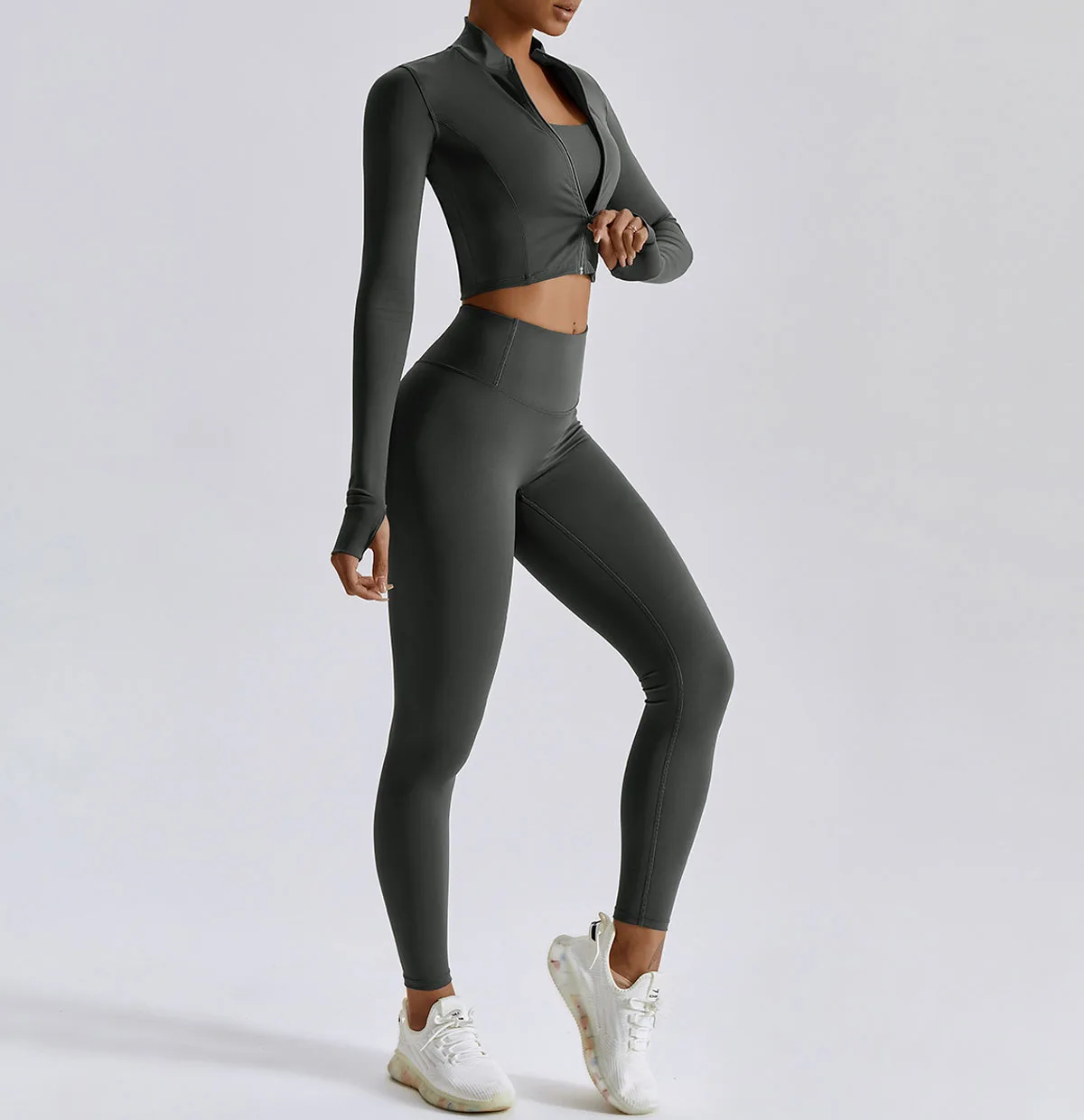 Женский комплект для йоги из 2/3 предметов, спортивная одежда, укороченный топ для тренировок с длинным рукавом, леггинсы, бюстгальтер, спортивный костюм, спортивный костюм для фитнеса Изображение 5
