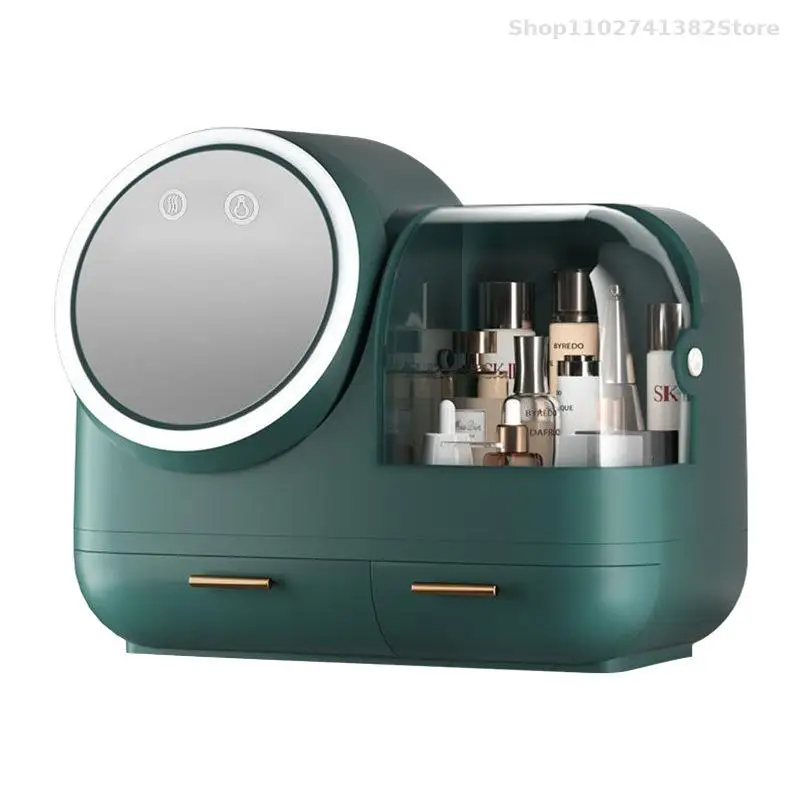 Коробка для хранения косметики интернет-знаменитостей со светодиодным зеркалом для макияжа, Креативный настольный Пылезащитный ящик для хранения туалетного столика для ухода за кожей Изображение 5
