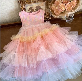 Розничная продажа, Новый бутик для маленьких девочек, Радужное сетчатое платье с цветочным узором, Элегантное праздничное платье принцессы для детей от 2 до 6 лет