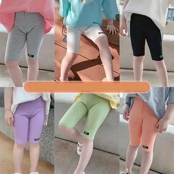 Стрейчевые брюки для девочек, Новые летние повседневные спортивные тонкие однотонные леггинсы, уличные детские модные колготки, укороченные брюки с высокой талией