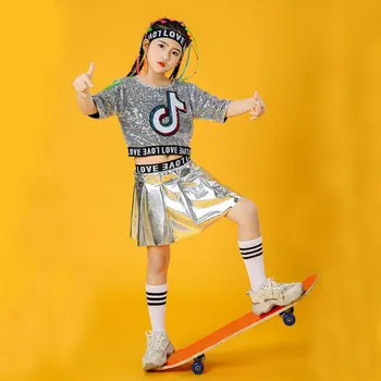 Костюм для джазовых танцев для девочек, Детская одежда для Корейских рейв-танцев, открытый прилив пупка, Новые танцевальные костюмы для калорий, одежда для черлидинга
