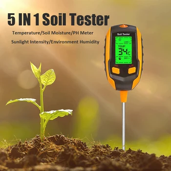 Тестер почвы 5 в 1, Цифровой измеритель температуры, влажности почвы, Ph-метр, интенсивности солнечного света, измеритель влажности окружающей среды для садово-огородного хозяйства