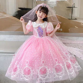Летнее платье принцессы Айши для девочек, Розовое детское пышное сетчатое платье на день рождения, юбка
