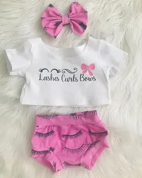Комплекты одежды для новорожденных малышей и маленьких девочек, Белые футболки с короткими рукавами и принтом, Топы + Розовые шорты, Брюки, повязка на голову