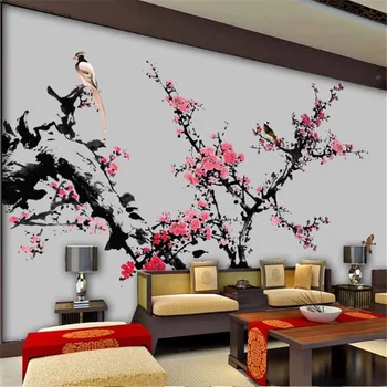 wellyu Изготовленная на заказ крупномасштабная фреска 3d тушью с пейзажем цветущей сливы, цветами и птицами, современный смелый фон для стен papel de parede