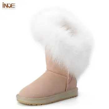 INOE Натуральный мех Енота, белой Лисы, коровьей замши, женские Пикантные модные высокие зимние ботинки, Розовая повседневная теплая обувь с кисточками
