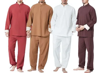 Весенне-осенние мужские костюмы для медитации из хлопка и льна, спортивная одежда, костюм для йоги, униформа кунг-фу, белый / красный / серый / кофейный /хаки