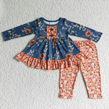 Высококачественный оптовый костюм из двух предметов для малышей, комплекты одежды для маленьких девочек, осенние детские наряды с цветочным рисунком