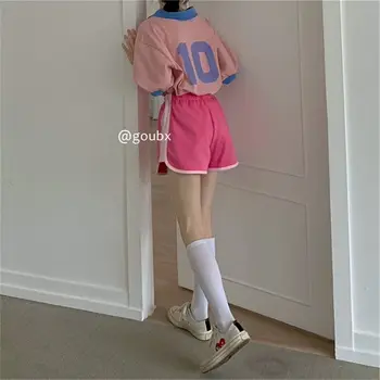Женская розовая футболка контрастного цвета, Два цельных костюма, Новый Дизайн, Нишевые фигуры, Свободные Топы в Корейском стиле, Уменьшающие возраст
