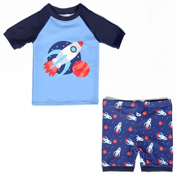 Комплекты купальников для маленьких мальчиков 1-7 лет с принтом ракеты, 2 предмета, купальники для мальчиков, детский купальный костюм, пляжная одежда с коротким рукавом для мальчиков для серфинга