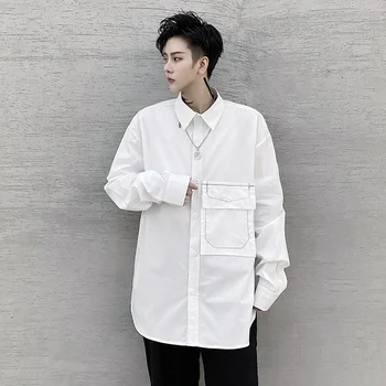 Мужские повседневные рубашки с отложным воротником 2023, однотонная Свободная Корейская Мужская одежда с длинным рукавом, уличная одежда для отдыха, блузка Camisa P43