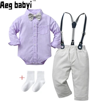 Комплект детской официальной одежды, рубашка с длинным рукавом с бабочкой для мальчиков + брюки, детский комбинезон, костюм джентльмена, одежда для празднования дня рождения младенцев