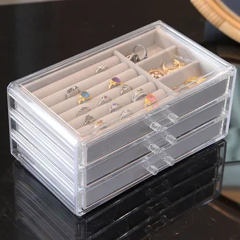 3-слойная фланелевая шкатулка для драгоценностей, акриловая прозрачная коробка для хранения колец, сережек, ящик для хранения ювелирных изделий большой емкости