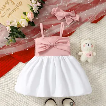 Новорожденная девочка 0-3 лет, летний розовый слинг, галстук-бабочка, белое платье-фонарь, милая вечеринка