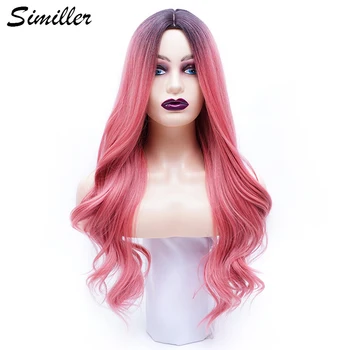 Имитатор Синтетических женских париков с боковой частью Длинные Волнистые Термостойкие волосы Темно-розовый парик Омбре с корнем для ежедневного использования