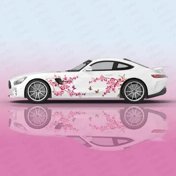 Розовые цветы и летающие бабочки, наклейки на кузов автомобиля, Виниловая наклейка на боковую сторону автомобиля, наклейка на кузов автомобиля, наклейки для декора автомобиля.
