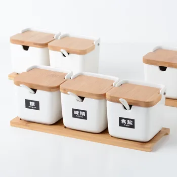 Креативная кухонная Квадратная керамическая банка для приправ с деревянной крышкой, набор для домашнего использования