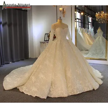 Бальное платье с длинными рукавами, блестящее свадебное платье Amanda Novias, настоящая работа