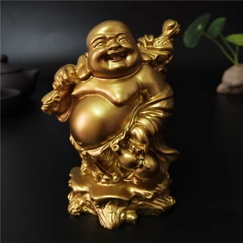 Золотая Статуя Счастливого Смеющегося Будды, китайский Фэн-шуй, Скульптура Будды Майтрейи больших денег, фигурки для украшения дома и сада