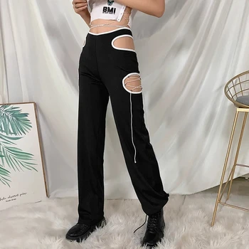 Новый супер пряный полый дизайн, модные повседневные брюки с высокой талией, свободные прямые брюки Y2K, черные брюки, женские тонкие уличные