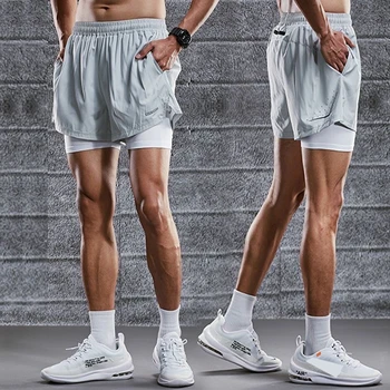 2023 Шорты для бега Мужские двухслойные быстросохнущие спортивные трехточечные брюки 2 слоя 2 в 1 Сетчатые шорты для занятий фитнесом и бегом трусцой