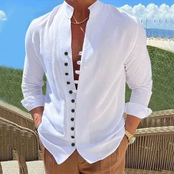 Мужские льняные рубашки с длинным рукавом, Однотонная Свободная рубашка для пляжного отдыха, Гавайская рубашка с негабаритными манжетами и пуговицами, Пляжная блузка, майки