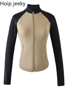 Контрастное спортивное пальто со стоячим воротником Hoip Jeeky, женский тонкий топ для бега и йоги с длинным рукавом, осенне-зимние куртки с длинным рукавом
