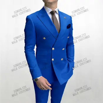 Двубортный Королевский синий свадебный мужской костюм для выпускного вечера, смокинг жениха, блейзер для шафера, костюм новейшего дизайна, мужской костюм Homme, куртка, брюки
