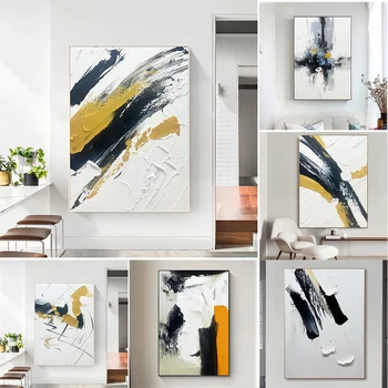 Большие черно-белые абстрактные картины маслом, отпечатки на желтом холсте, Минималистский плакат, современное художественное оформление стен галереи.