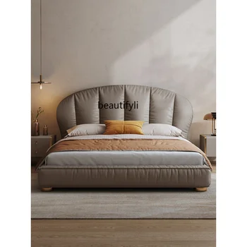 Кровать из натуральной кожи Современный минимализм в главной спальне Двуспальная кожаная кровать для хранения Кожаная художественная супружеская кровать