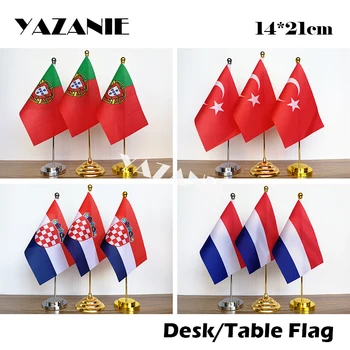 ЯЗАНИ 14 *21 см Настольный флаг Португалии Турции с основанием и шестом из нержавеющей стали, настольный дисплей Хорватии Нидерландов, ручные флаги страны
