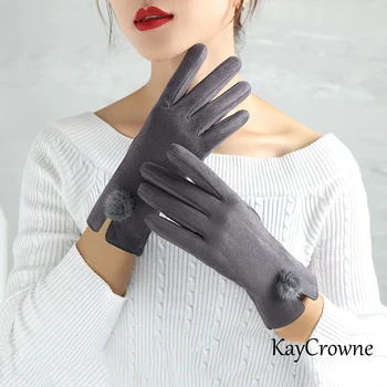Изящные Тонкие Ветрозащитные перчатки с сенсорным экраном, женские Винтажные Зимние теплые замшевые перчатки на полный палец, женские студенческие варежки G028