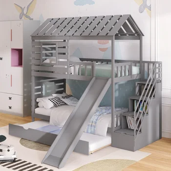 Двухъярусная кровать Twin Over Twin House с выдвижным ящиком и горкой \ Лестница для хранения \ Дизайн крыши и окна\  Серая сосна [США