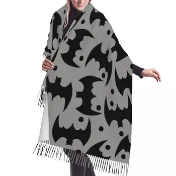 Серый Черный шарф с летучими мышами, зимние длинные шарфы с большими кисточками, Мягкая обертка из Пашмины
